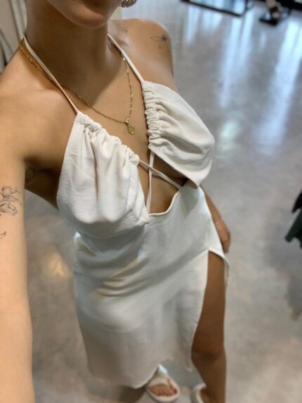 Vestido Midi Decote Trançado Branco